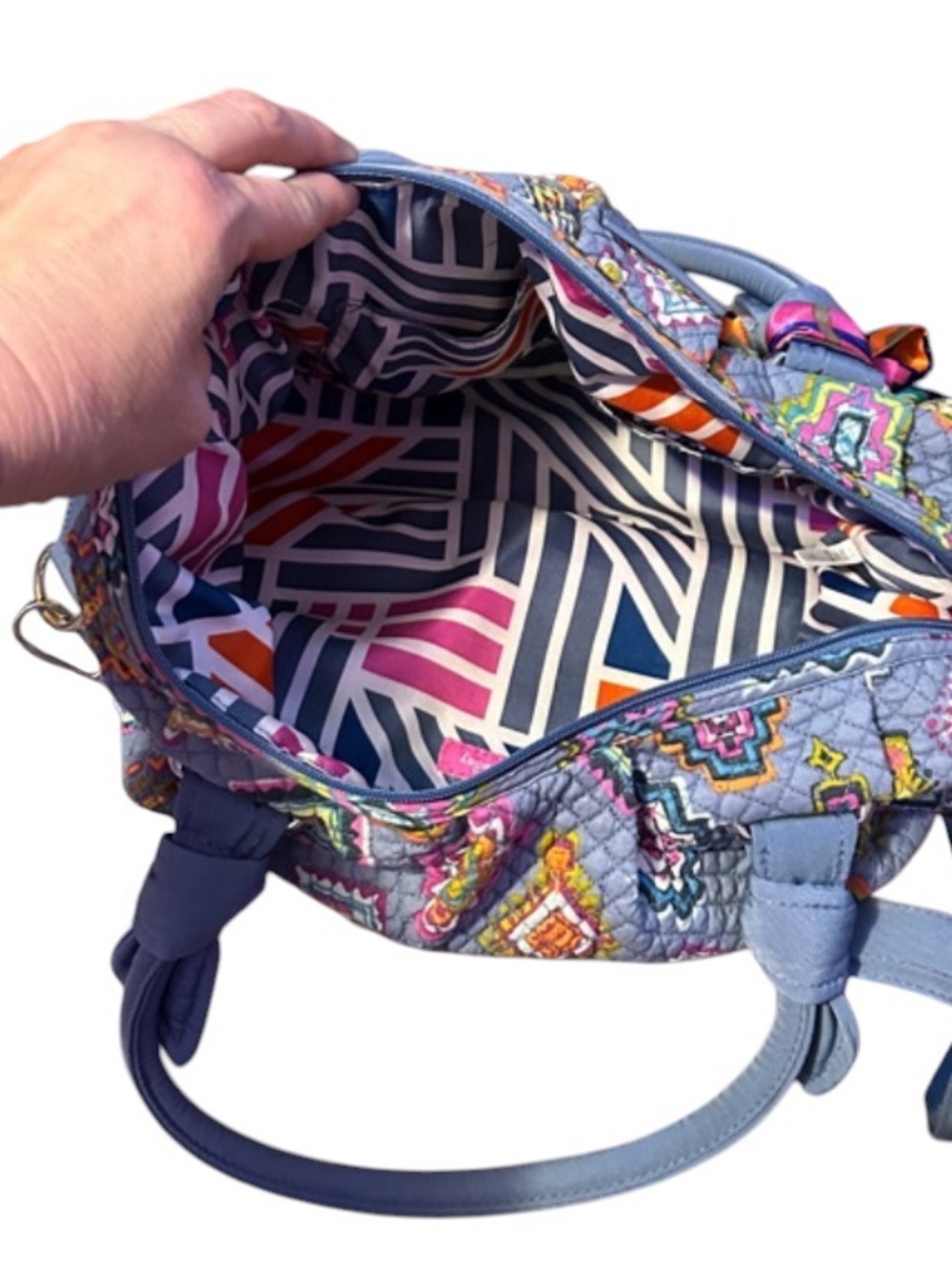 Vera Bradley Light Blue Quilted Satchel with Multicolor Ikat Print - Picture 7 of 7